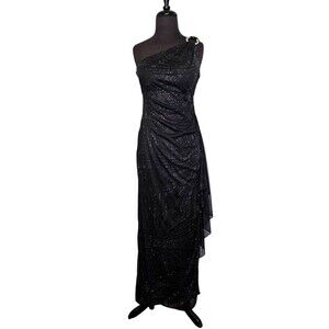 Vintage Maxi Dress Formal Gown 6 Black Sparkly One Shoulder Whimsy Goth Glam